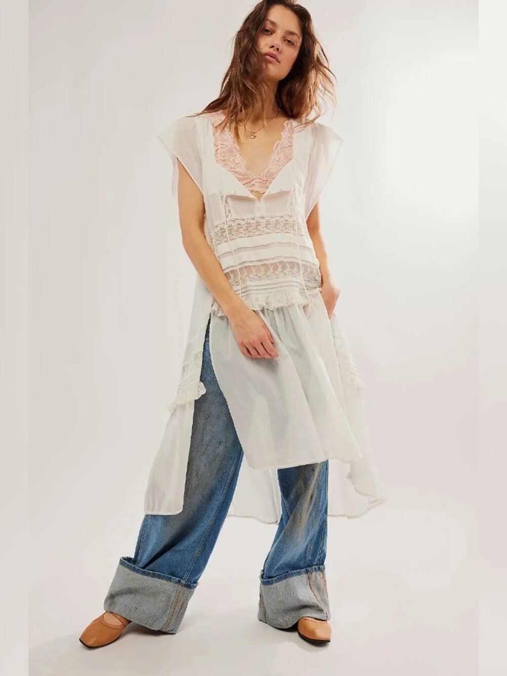 Free People Tied To You Maxi Top S 6 Women Casual Sheer Ivory Cotton NEW 46489